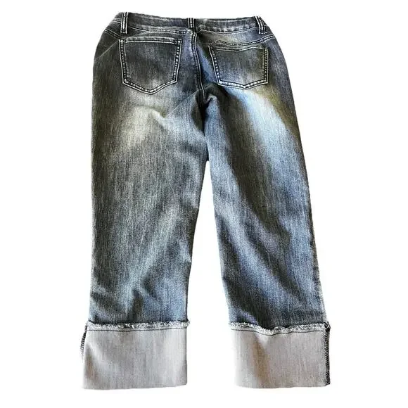 Baccini Women’s Jeans 8P Petite Distressed Embroidered Floral Boho Denim Cuffed - Picture 2 of 16